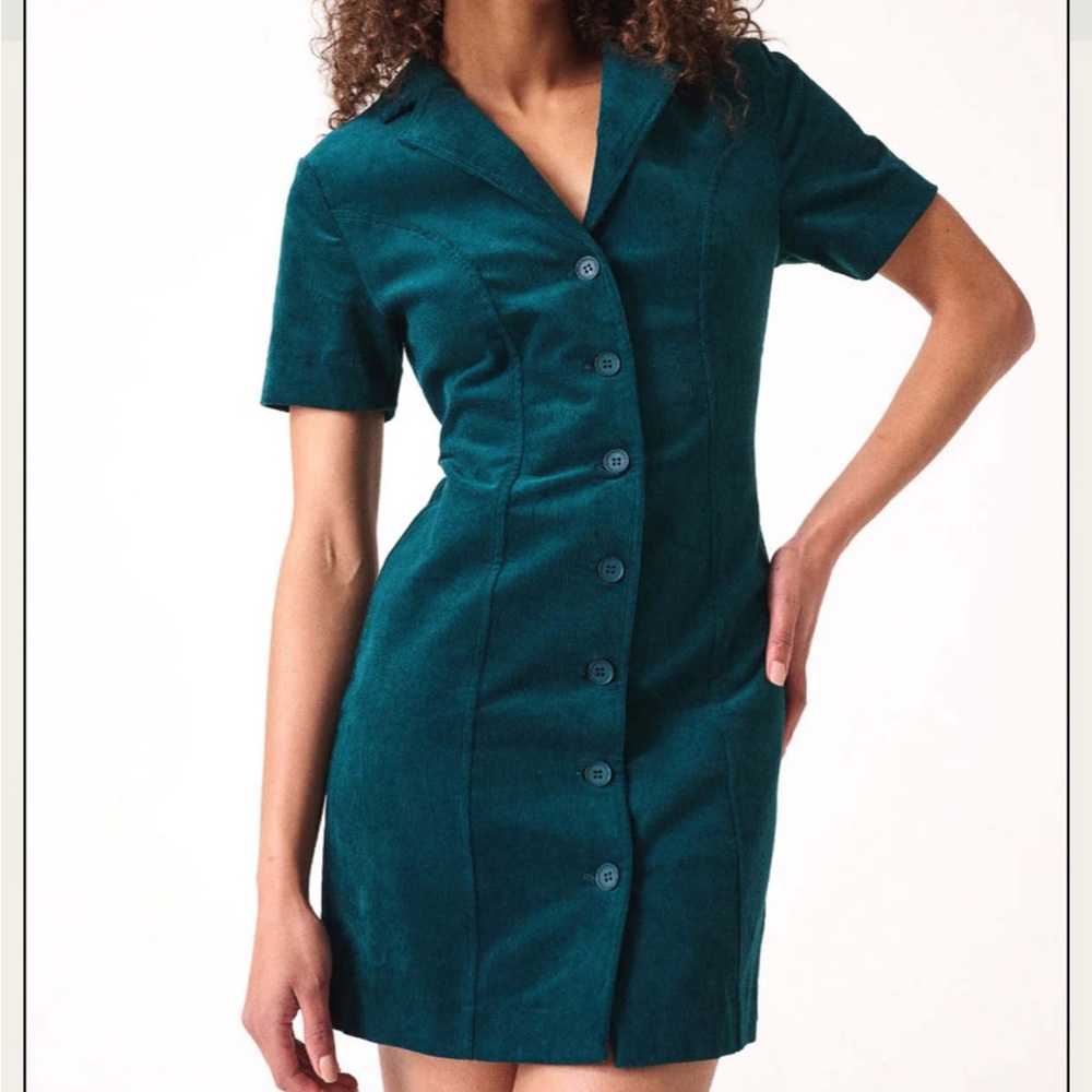 Rolla’s Francoise Cord Tux Dress | Stretch Cotton Corduroy Shirt Dress | Teal M